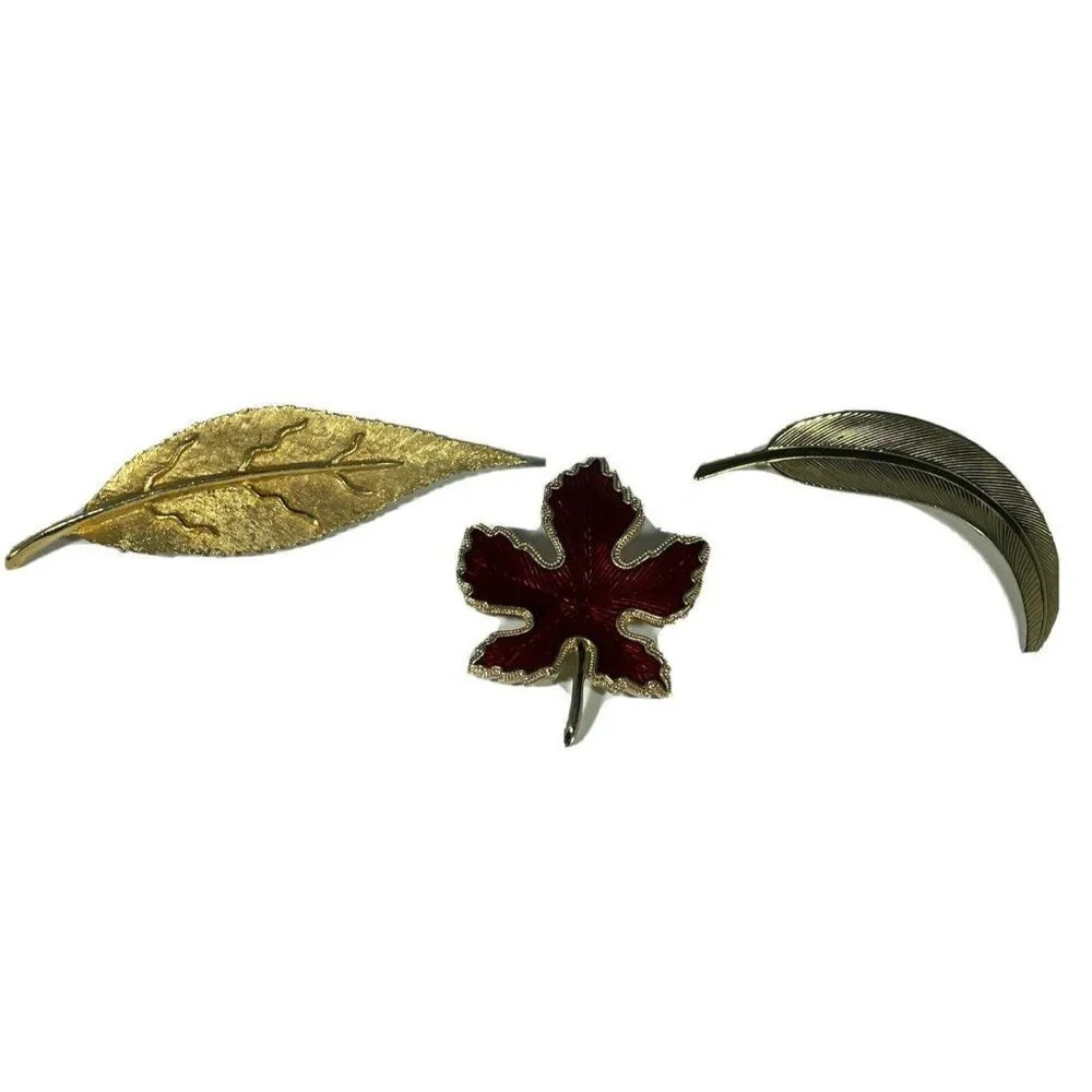 Set Of 3 Flower Floral Leaf Leaves Gold Tone Brooch Pins
